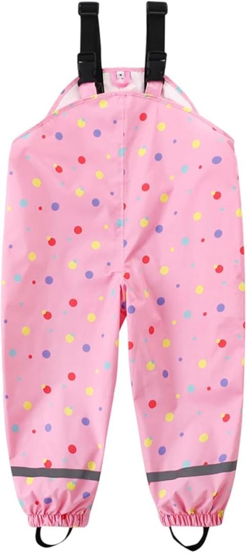 Boys Girls Waterproof Suspender Rain Pants Cute Colour Polka Dots Toddler Kids Outdoor Rain Bib Mud Pants for 2-7 Years , Pink, 122/128