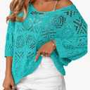 Saodimallsu Womens Crochet Cover Up Top Summer 3/4 Sleeve Off Shoulder Sweater Shirts Mesh Boho Beach Swimsuit Coverup, Size XL