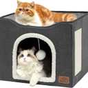 Bedsure Cat Beds for Indoor Cats - Large Cat Cave for Pet Cat House with Fluffy Ball Hanging and Scratch Pad, Foldable Cat Hideaway, 16.5x16.5x13 inches, Dark Grey (Single)