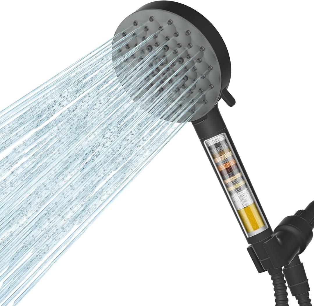 Filtered Shower Head with Handheld,High Pressure 6 Spray Mode Showerhead with Filters,Detachable Shower Head, Water Softener Filters Beads for Hard Water -Remove Chlorine (Black)