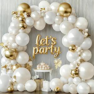 White and Gold Balloons Arch Kit - 129 pcs Double Stuffed Pearl White Sand Beige Ivory Chrome Gold Balloons for Wedding Birthday First Communion Party Decorations