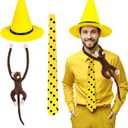 FOCUSOUL Man in Yellow Hat Costume Accessories Pointy Hat Polka Dot Tie Stuffed Monkey Halloween Cosplay Set