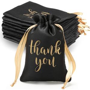 Sieral 50 Pcs Thank You Satin Gift Bags with Drawstring Jewelry Candy Pouches for Valentines Easter Wedding Baby Shower Birthday Holiday Party Thank You Bag for Gift Wrap(Black, Gold,4 x 6 Inch)