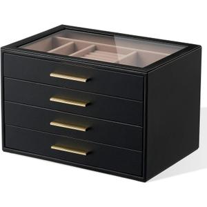 pickpiff Jewelry Box Organizer Case for Women: 4-Layer Jewelry Storage Case with Glass Window, Black Leather with Blush Velvet, Holder for Ring Necklace Bracelet Brooch Watch, Great Gift for Her