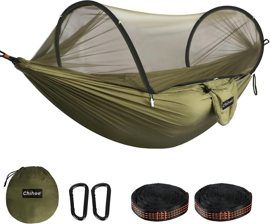 Chihee Ultra-Light Travel Camping Hammock Pop-up Net Hammock 660lbs Load Capacity,Breathable,Quick-Drying Parachute Nylon 2 Premium Carabiners,2 Tree Slings Included for Outdoor Backpacking Hiking (Army Green)