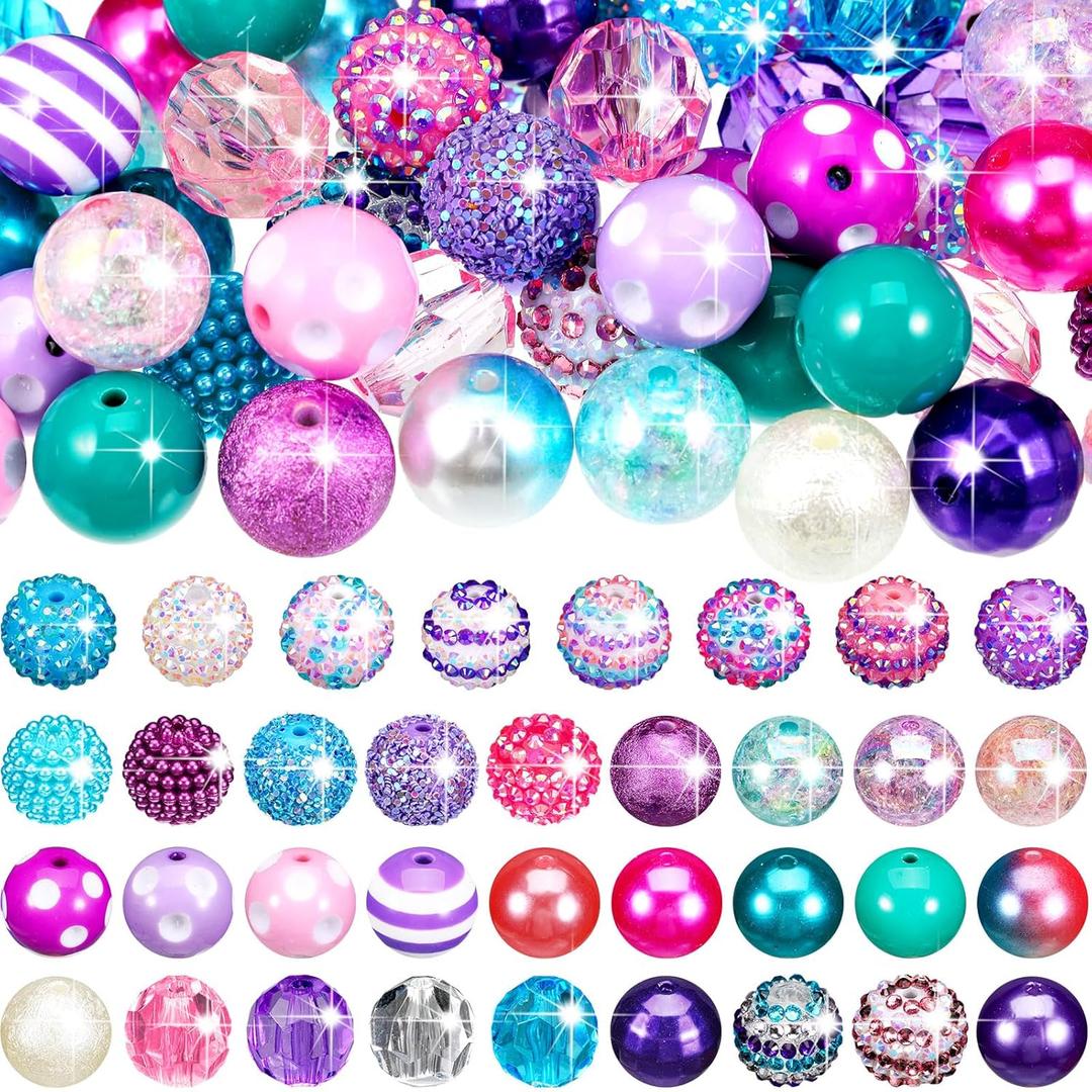 Zeyune 100 Pcs Colorful Chunky Bubblegum Beads 20mm Round Chunk Plastic Rhinestone Large Beads for Pen Jewelry Chain Making Craft Spacer Supplies Wedding Garland DIY (Mermaid, Colorful)