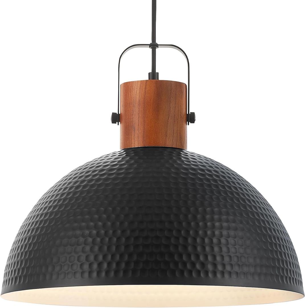 ELYONA 16 Inch Ash Wood Hammered Pendant Light Fixtures, Large Metal Dome Ceiling Hanging Lamp, Industrial Chandelier for Kitchen Island, Bar, Farmhouse, Dining Table, Hallway, Modern Black