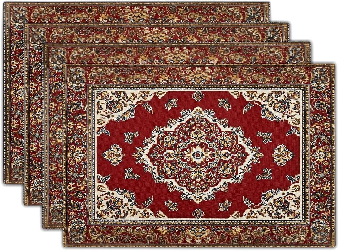 Giwawa 12"x18" Ethnic Boho Placemats Set of 4 Antique Tribal Rustic Red Floral Table Mats Farmhouse Carpet Stain Resistant Washable Linen Place Mat for Kitchen Dining Picnic Party Decor