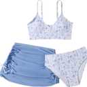 COZYEASE Girls' 3 Piece Set Floral Print Bikini Swimsuit with Drawstring Beach Skirt Cute Ruched Bathing Suit, 11Y