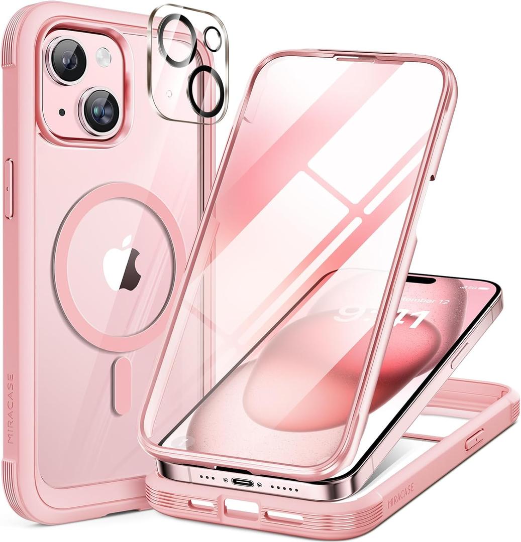 Miracase Magnetic for iPhone 15 Plus Case 6.7'' [Compatible with Magsafe] Full-Body Military Drop Proof 15 Plus Phone Case Cover with Built-in 9H Tempered Glass Screen Protector,Magnetic Pink