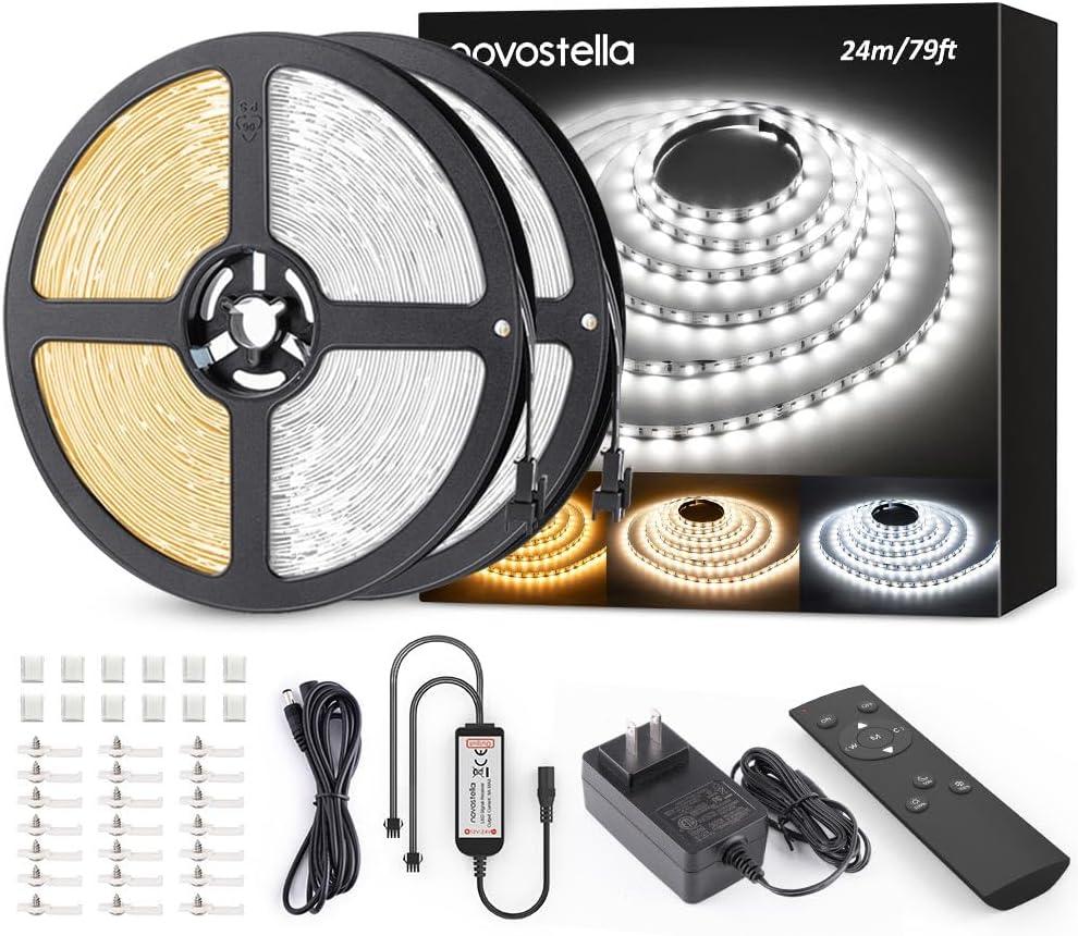 NOVOSTELLA 79ft(2rolls) Tunable White LED Strip Light Kit 2688LEDs Dimmable 3000K-6500K 24V Flexible Tape Remote Ribbon for Stage Bedroom Party Kitchen Stair Living Room Ceiling Daylight Warm White, 79ft, Non-Waterproof