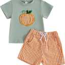 Toddler Boy Halloween Outfit Pumpkin Embroidery Short Sleeve Shirt Plaid Shorts Toddler Boy Halloween Clothes 2T 3T 4T (12-18 Months, Green)