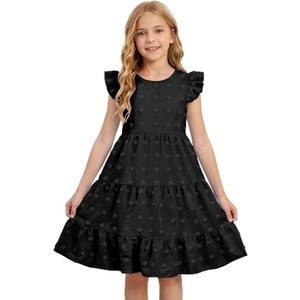 PUCOSARAH Girls Summer Dress Tween Short Sleeve Polka Dot Girl Party Dress, Black 120