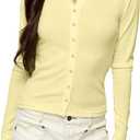 Women Open Button Down Picot Crew Neck Long Sleeve Cropped T Shirts Slim Fit Pointelle Crop Tops Fall Tees Outfits Yellow (Yellow, M)