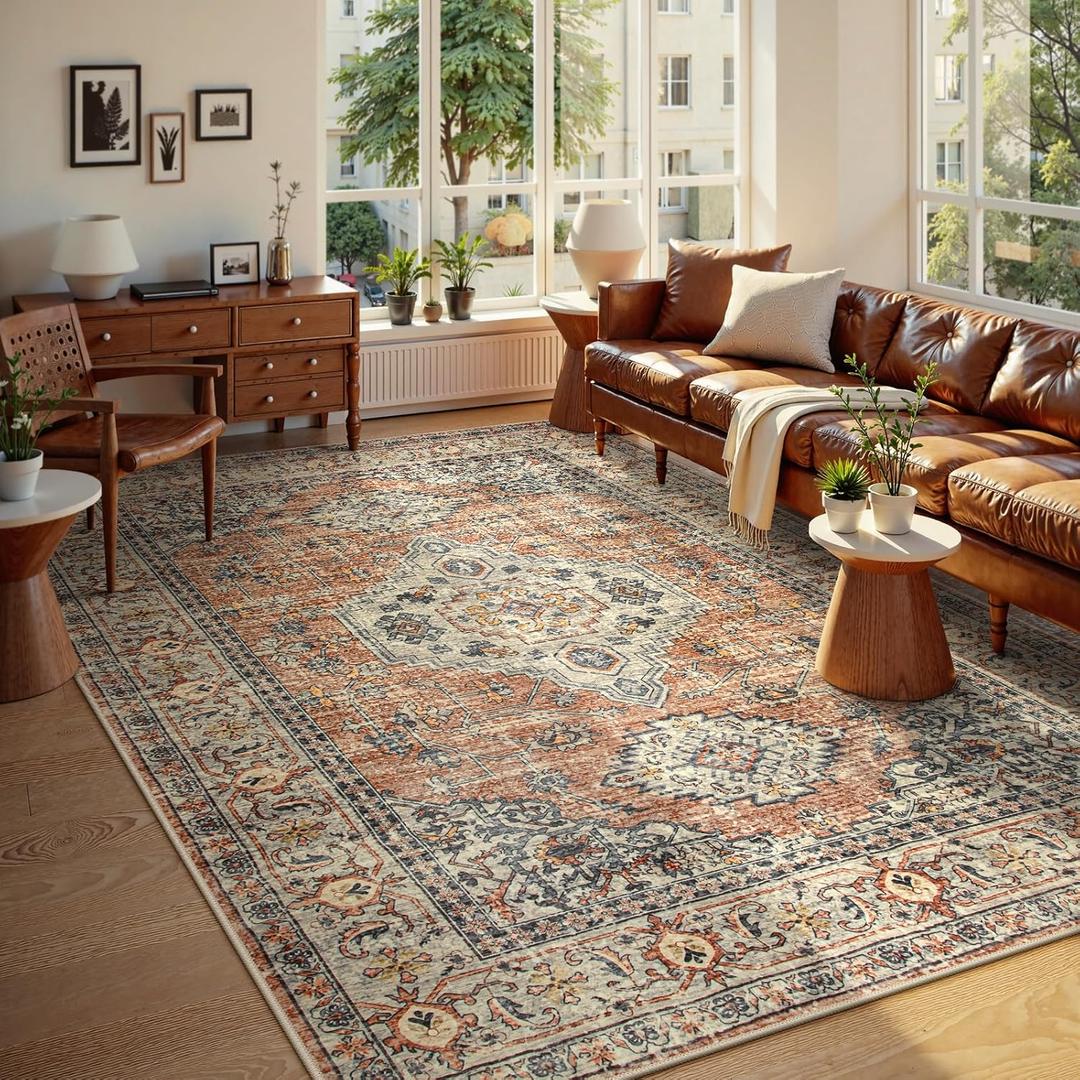 Lahome Oriental Washable Rugs 8x10, Non-Slip Soft 8x10 Rugs for Living Room Bedroom, Stain Resistant Ultra-Thin Vintage Accent Carpet for Dining Room Office Eleanor, Peach/Orange