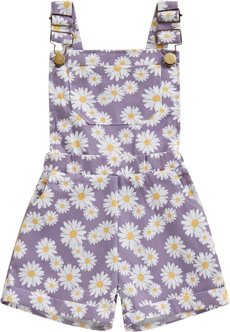 Toddler Baby Girl Sunflower Print Overalls Shorts with Pocket Suspender Trousers Cute Summer Clothing Outfit (5-6 Years, Daisy-purple)