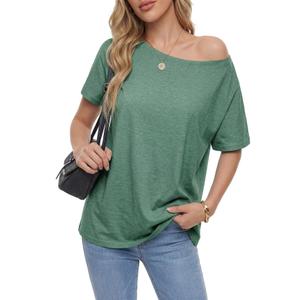 Rooscier Women's Off The Shoulder Tops Summer Short Sleeve T Shirts Tees Loose Fit Casual Shirts Dark Green X-Small (Green, XS)