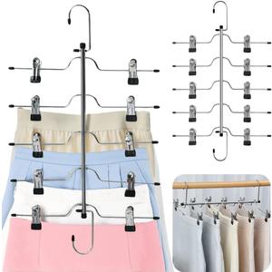 5 Tier Metal Skirt Hangers for Women, Pants Hanger Space Saving with Non Slip Adjustable Clips,Durable Heavy Duty Trouser Hangers for Jeans, Slacks, Shorts - 2 Pack