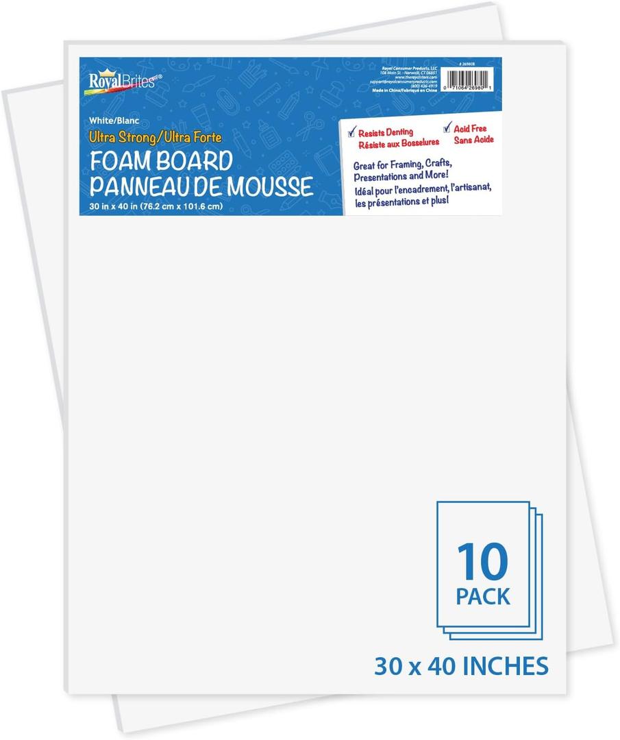 Royal Brites Premium White Foam Board 30 x 40, Sturdy & Lightweight 3/16" Thick Board for Art, Work Presentations, & School Projects, Pack of 10