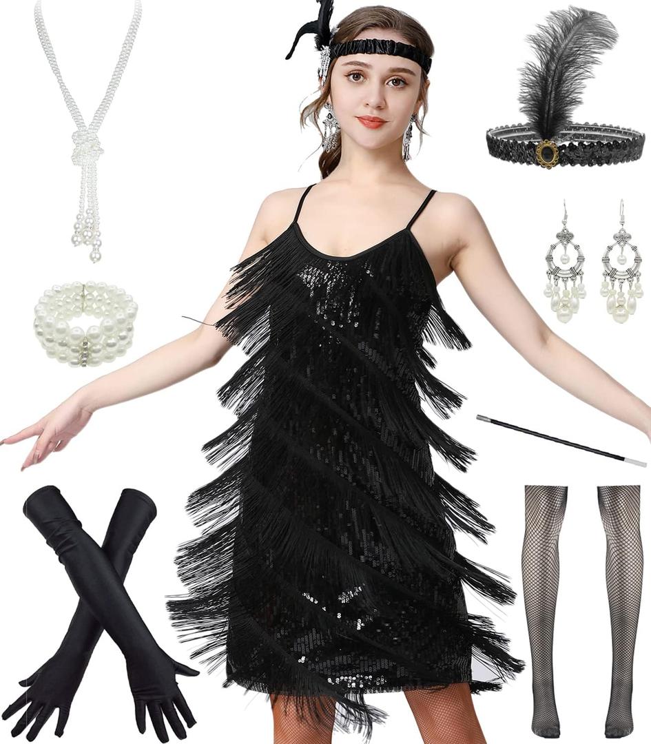 Women 1920s Gatsby Flapper Dress Sexy Open Back Strap Fringed Cocktail Party Dress with 20s Accessories (Black, L)