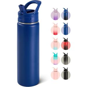 Fijinhom 24oz Insulated Stainless Steel Water Bottle with Straws, Double Wall Vacuum Insulated Bottles, Metal Thermo for Travel, Sports, Leak-Proof, BPA Free, Women & Men, Blue