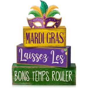 4 Pcs Mardi Gras Table Decorations Wooden Mask Purple Golden Green Carnival Tiered Tray Decor Mardi Gras Centerpieces Decorative Mask Block Signs Gifts for Masquerade Party Home Kitchen