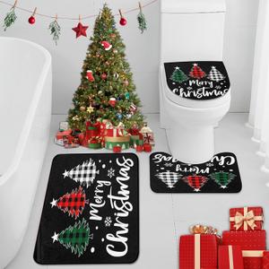 Arttown Merry Christmas Bathroom Rug Set of 3, Plaid Checkered Tree Snowflake 3 Pieces Bath Mats Set, No Silp Washable Cover Floor Rug Decorations for Kitchen Bathroom Bedroom