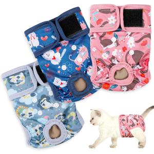 Reusable Cat Diapers 3 Pack with Good Absorbency Kitten Diapers Small for Female & Male Cats - Easy to Put On, Secure Fit (SmallNew Born-10.5"Waist)