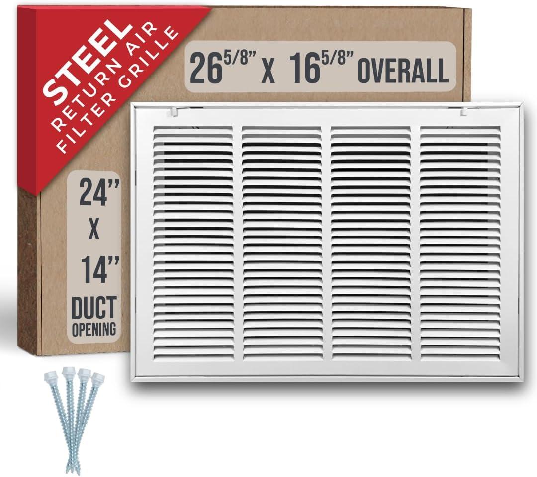 Fits 24x14 Duct Opening | Steel Return Air Filter Grille by Handua [Removable Door] for 1-inch Filters | Vent Cover Grill | White | HVAC Cold Air Intake Grille | Out Dim: 26 5/8"W X 16 5/8"H