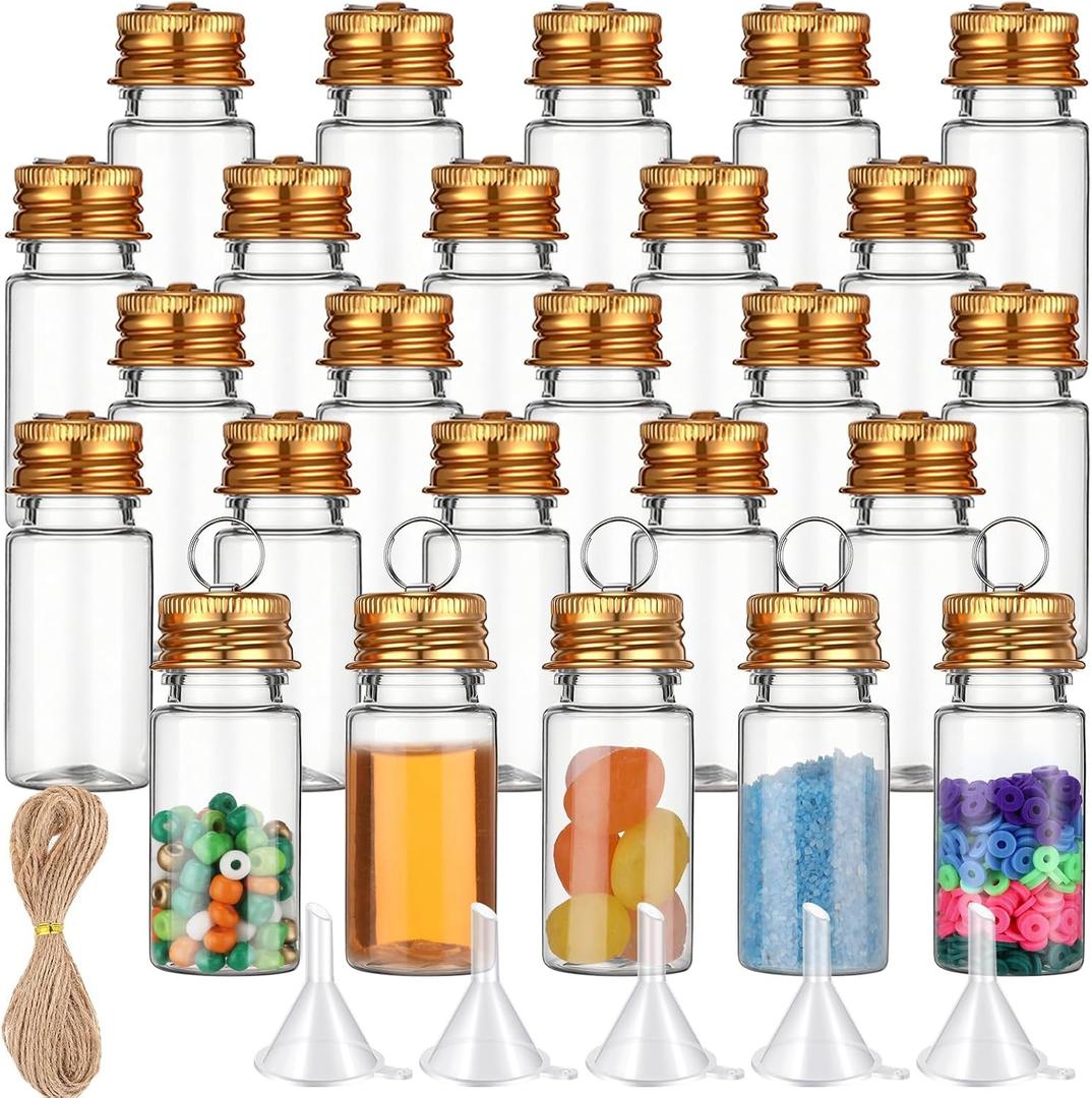 Bokon 25set 10ml Mini Plastic Bottles with Lids Inner Cover Funnels, Small Potion Bottles with Caps Tiny Clear Sand Art Jar Wishing Vial for Birthday Christmas Party Decoration DIY Craft Gift(Gold)