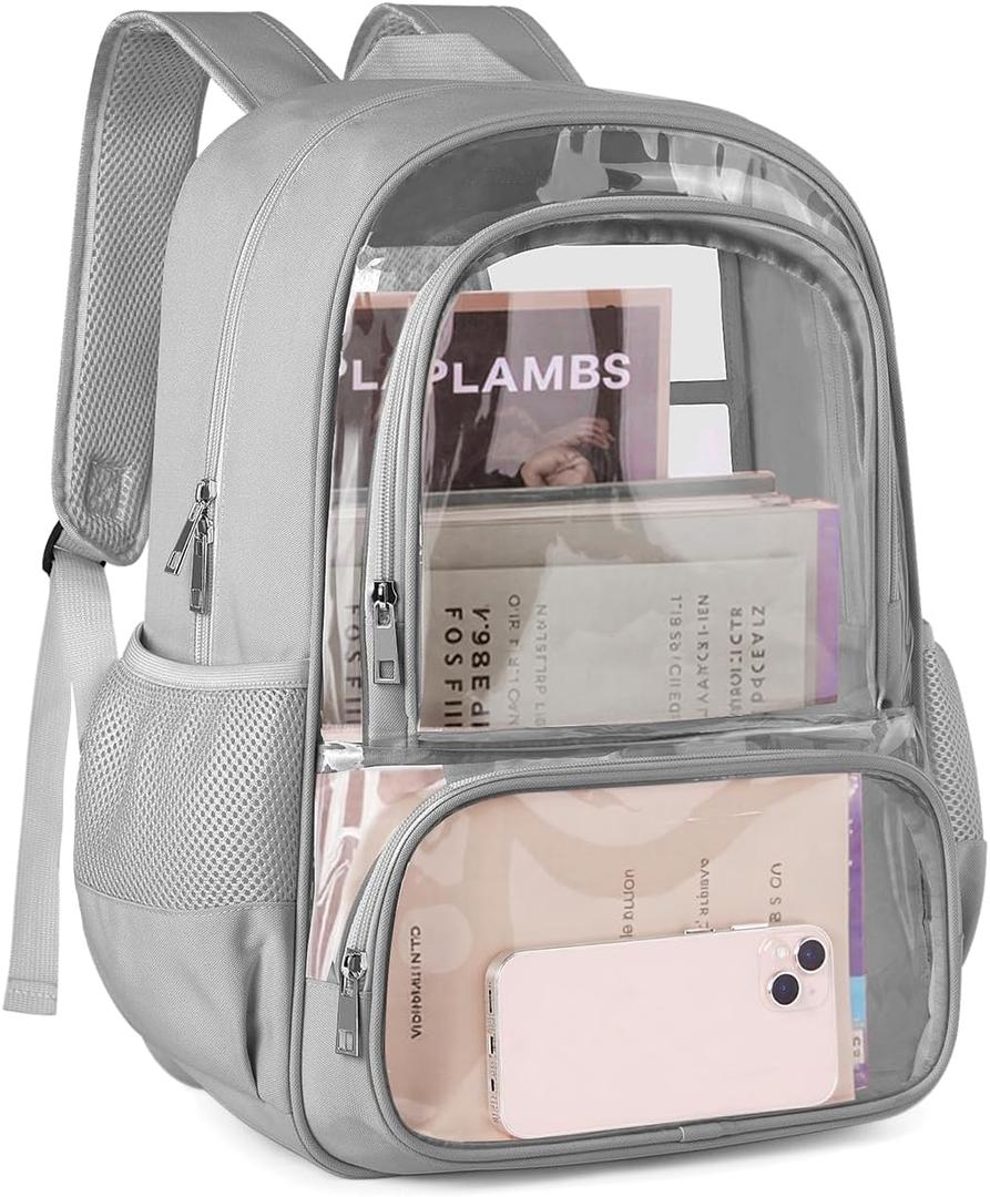 Clear Backpack, Fabric & PVC Transparent Backpack with Reinforced Strap for Women Men, Heavy Duty Transparent Bookbag, Large Capacity Clear Bag, Travel, Security, Grey