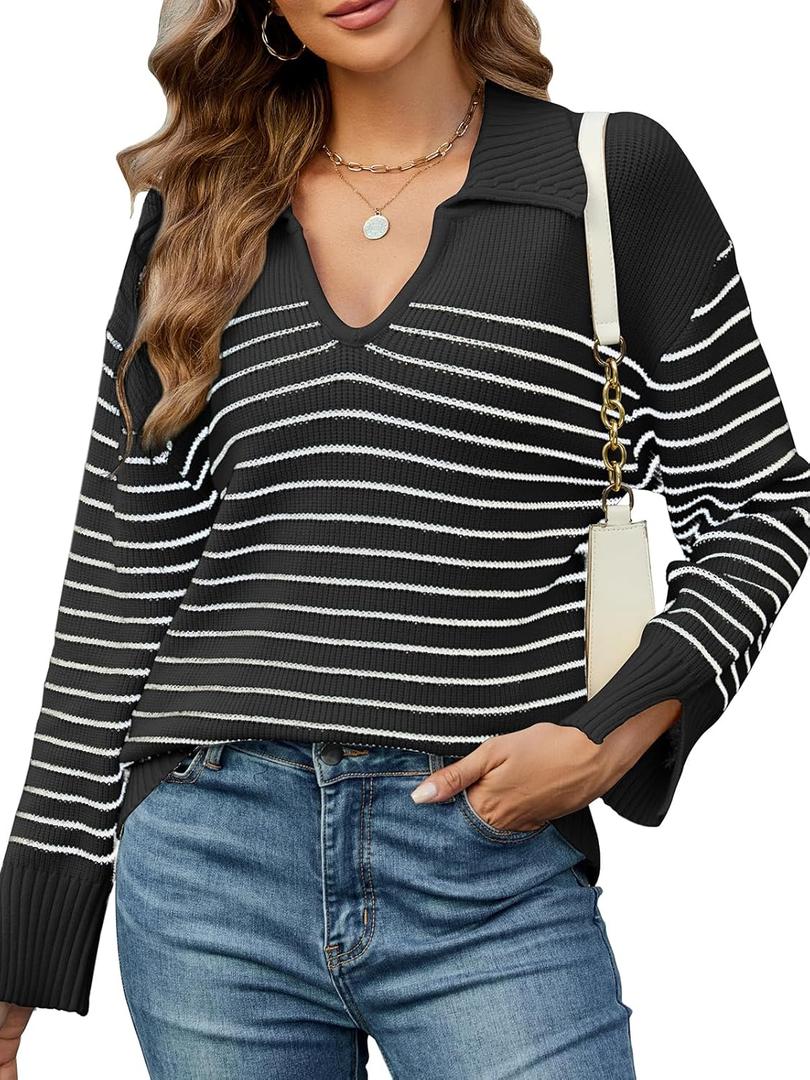 Moreone Women's Striped Sweaters V Neck Long Sleeves Knitted Casual Pullovers Jumper Tops Shirt Tops (X-Large, Black)