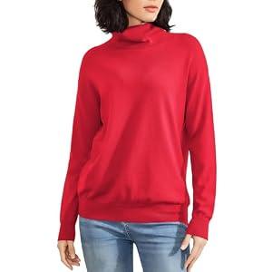 OPREXO Women's Turtleneck Sweater Long Sleeve Lightweight Pullover Knit Tops Red, Large