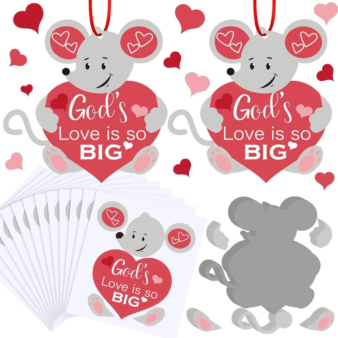 Zhanmai 30 Sets Valentines Religious Craft for Kids God's Love is So Big Christian Craft Kit DIY Mouse Heart Hanging Ornaments for Valentine's Day Sunday School Party Favors