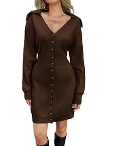 GraceSelect Coffee Womens 2025 Fall Long Sleeve Sweater Dress Trendy V Neck Party Dress Button Down Loose Mini Dresses, L