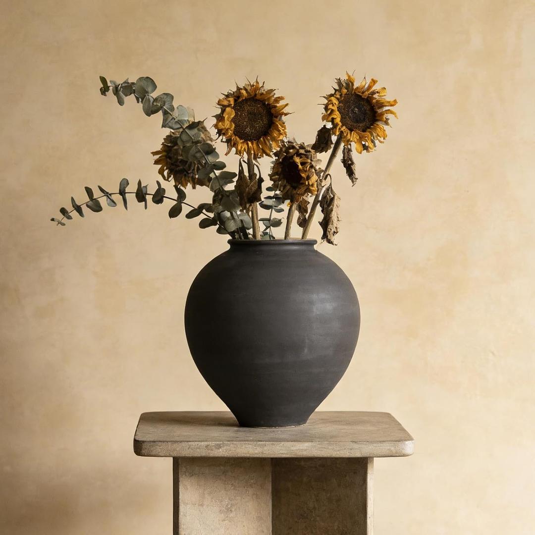 Large Black Vase, 11.8“ Matte Black Round Ceramic Vase, Wide Mouth Pottery Vase for Living Room, Entryway, Table Centerpieces, Shelf Decor