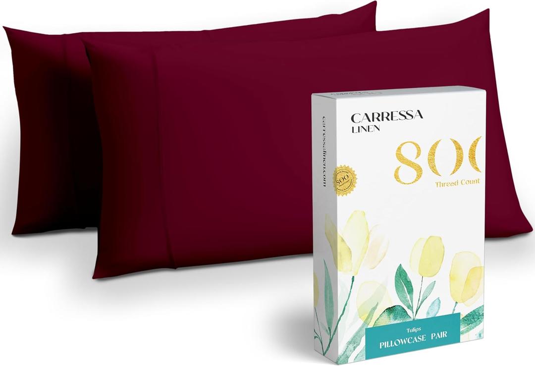 Carressa Linen 100% Egyptian Cotton Standard/Queen Size Pillow Cases Set of 2-800 Thread Count Pillow Cover - Soft, Breathable, Cooling Burgundy Pillowcases Set of 2 for Standard/Queen Pillows