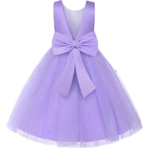 Uhnice Flower Girl Dress Satin Ball Gown for Wedding Party with Bowknot (6-7 Years, Purple)