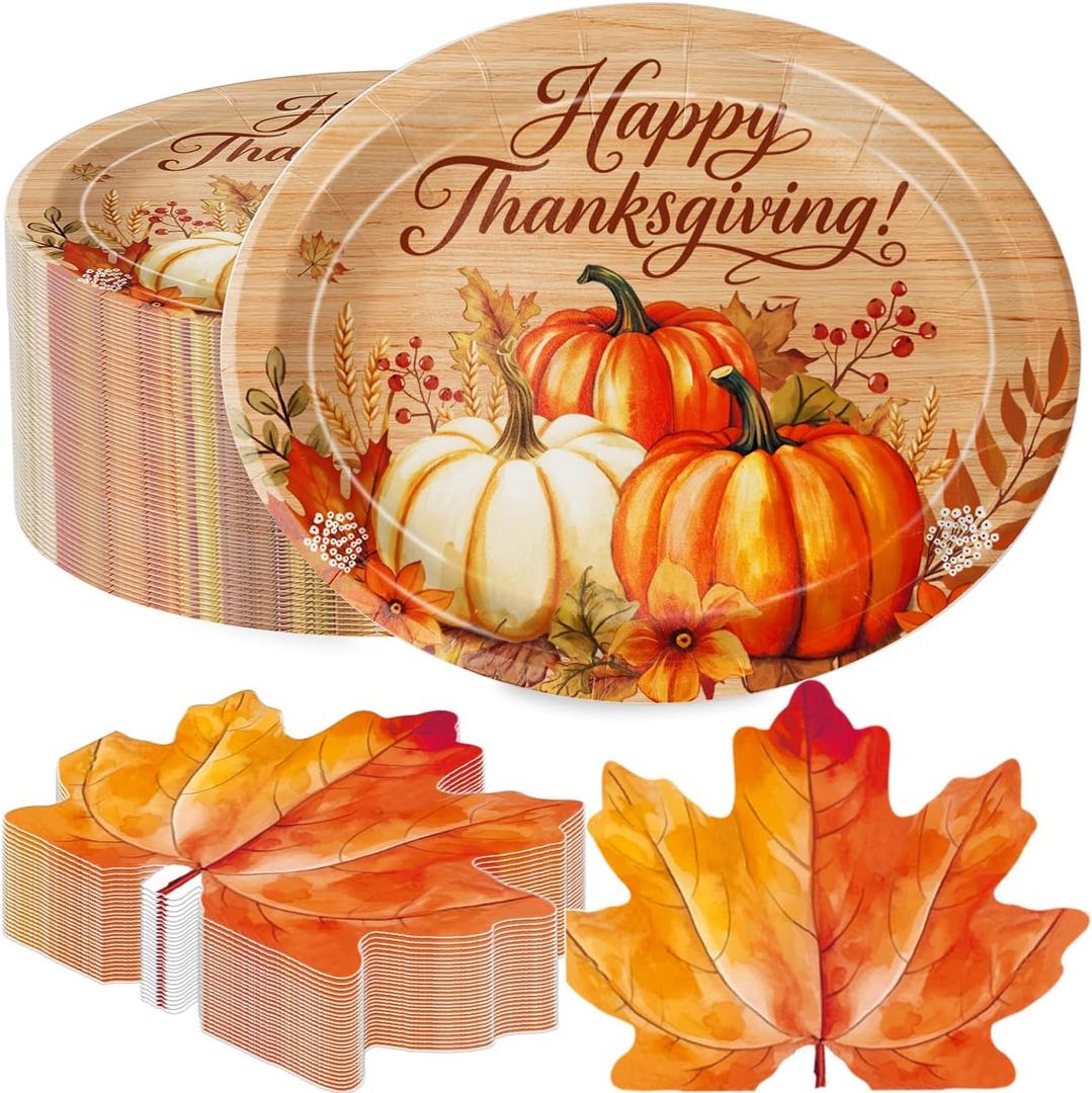 50 PCS Thanksgiving Paper Plates Large 9" X 11" Woodgrain Pumpkins Oval Plates Maple Leaf Napkins Disposable Autumn Dinnerware for Harvest Thanksgiving Party Decorations