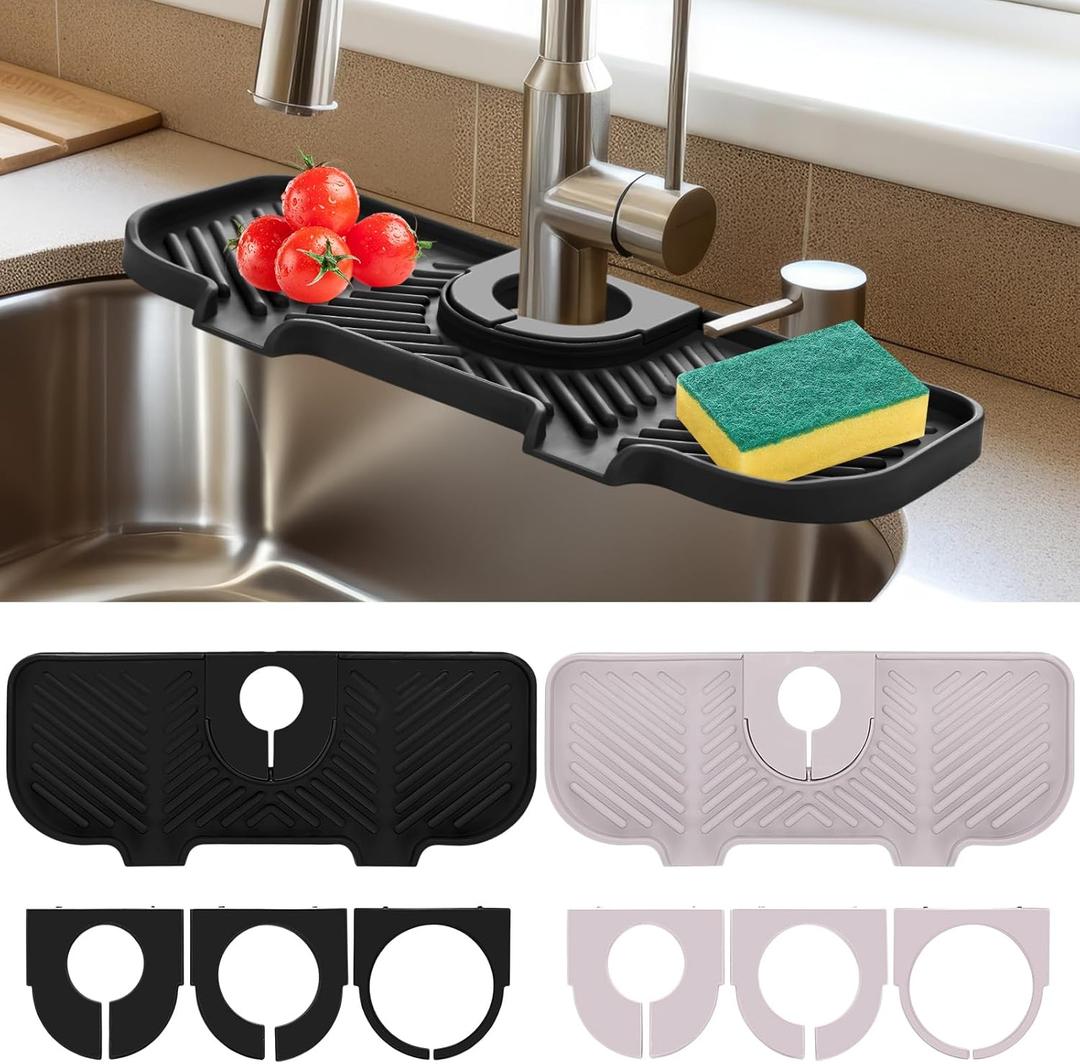 2 Pcs Silicone Faucet Splash Guard 10.6  x 4.3 Kitchen Sink Splash Guard Faucet Mat for Kitchen Mat Catcher Black and Grey Sink Accessories for Bathroom
