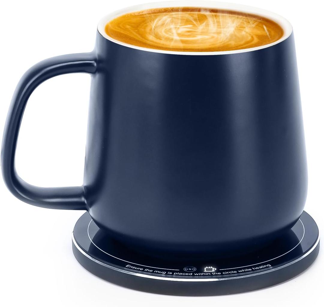 APEKX Self-Heating Ceramic Coffee Mug - Stable 130F Temperature, 15W Wireless Phone Charging, 12.8 fl oz Capacity - USB-C Enabled. (Deep Navy)