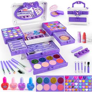 Kids Makeup Sets for Girls, 66pcs Real Cosmetic for Kids Toys with Mirror, Princess Washable Girls Makeup Kit, Non-Toxic & Safe Brithday Gifts for 3 4 5 6 7 8 10 - 12 Years OldLight Purple