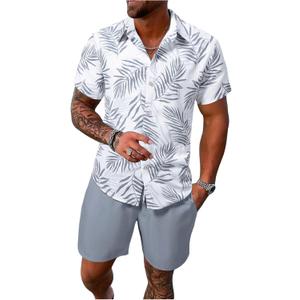 WDIRARA Men's Hawaiian Matching Set Summer Beach 2 Piece Outfits Tropical print Shirts and Shorts (XX-Large, Light Grey)