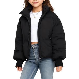 Gihuo Girls Kids Puffer Quilted Jacket Zip Up Warm Outerwear for Girls 9-10Years (Black)