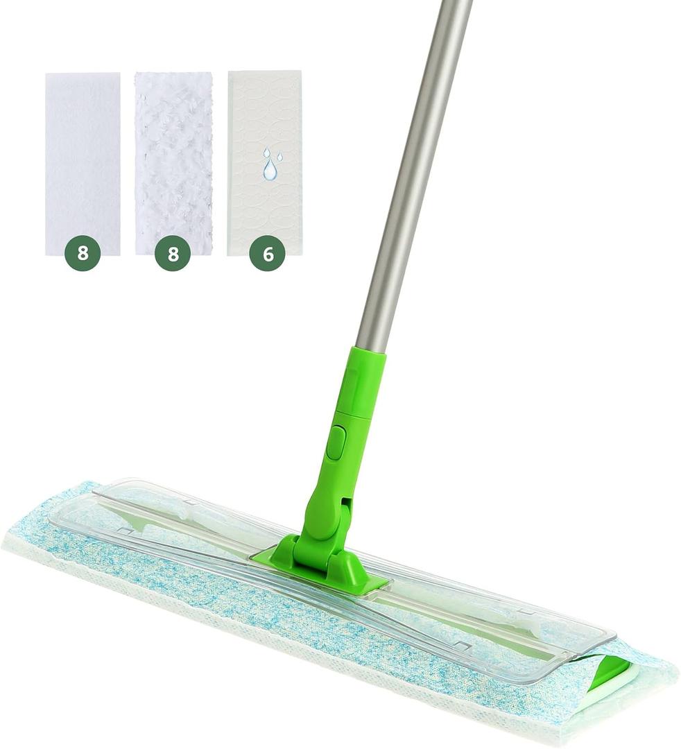 Eyliden Large Sweeper Mop, 16.5" Wide - Lock Tight Design No Lost Pads - 22 Disposable Dry & Wet Cloths, 58" Adjustable Handle, Dust Mops for Pet Hair, Hardwood Floors, Universal Refills (Green)