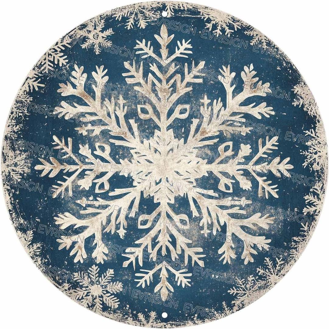 Retro Snowflake Round Tin Sign Winter Christmas Vintage Nostalgic Metal Poster Funny Wall Plaque Art Decorations for Home Club Porch Cafe Office Bedroom Garage Shop Living Room 8 * 8 In (20.32 X 20.32cm(8*8in))