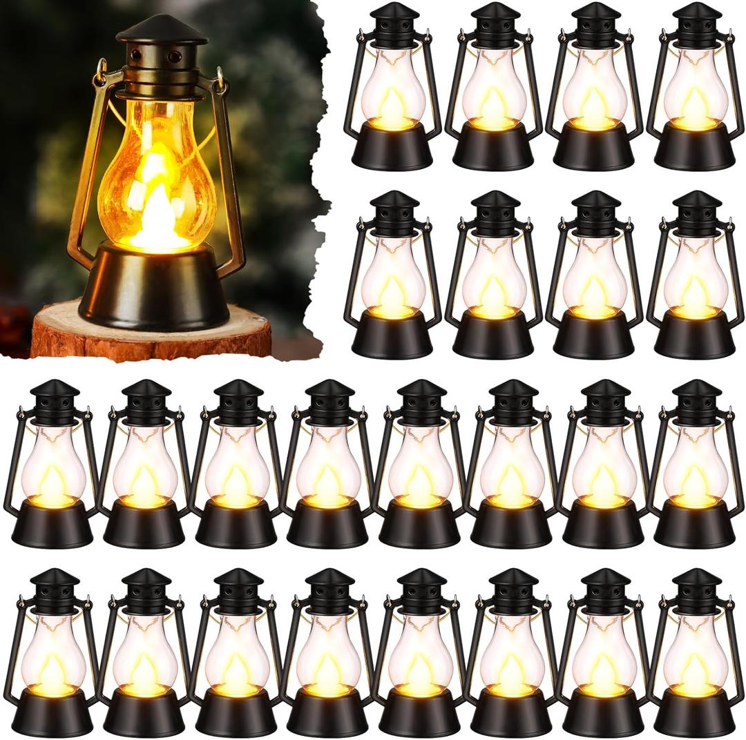 Ferraycle 24 Pcs Mini Lantern for Centerpiece Western Wedding Decor 4 Inch Camping Decorative with LED Candle Vintage Hanging Lantern Ornaments Bulk for Cowboy Cowgirl Xmas Party Decoration (Black)