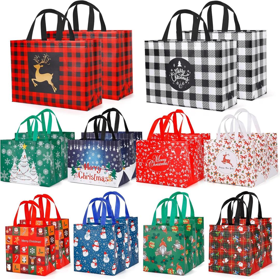 YANGTE 20 Pack Christmas Gift Bags Assorted Sizes, Reusable Tote Bags with Handle, Includes 4 Large 8 Medium 8 Small Non-Woven Christmas Bags for Xmas Party Favors