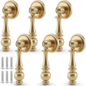 Roowest 6 Pack Solid Brass Drop Cabinet Pulls 2.5 Inch, Brushed Gold Cabinet Knobs for Dresser and Drawers, Decorative Vintage Brass Cupboard Knob Durable Pendant Knobs for Kitchen Cabinets Wardrobe