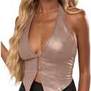 SOLY HUX Women's PU Leather Halter Tank Tops Sexy Deep V Neck Asymmetrical Vest Corset Party Clubwear Pure Pink X-Small